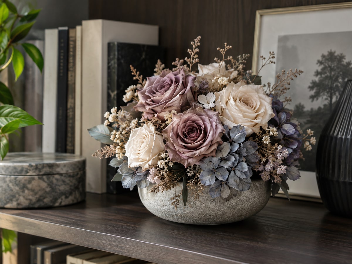 Preserved roses and hydrangeas displayed in a Singapore home