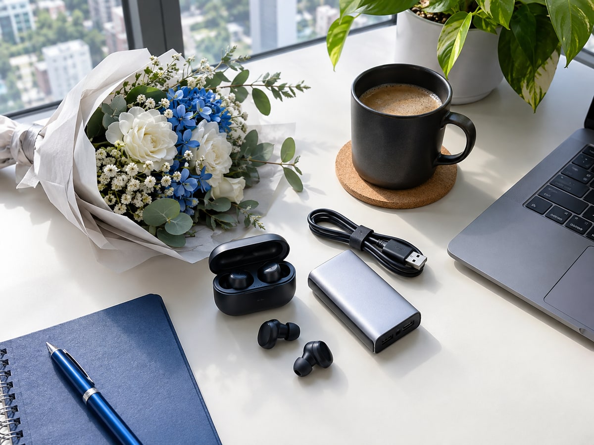 Useful gadgets with a mini bouquet on a Singapore home desk