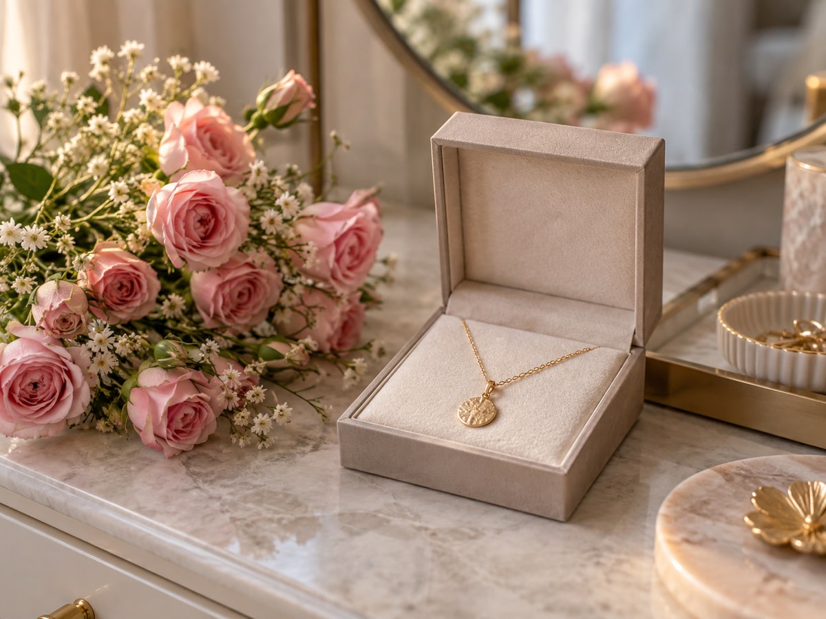 Gold pendant with pink spray roses as a Singapore gift