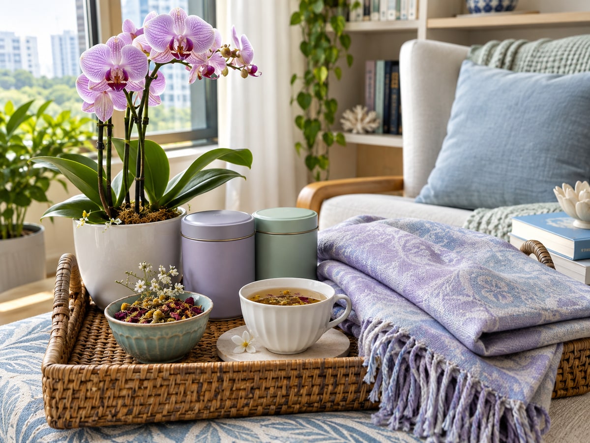 Orchids tea and a shawl gift for a mother in Singapore