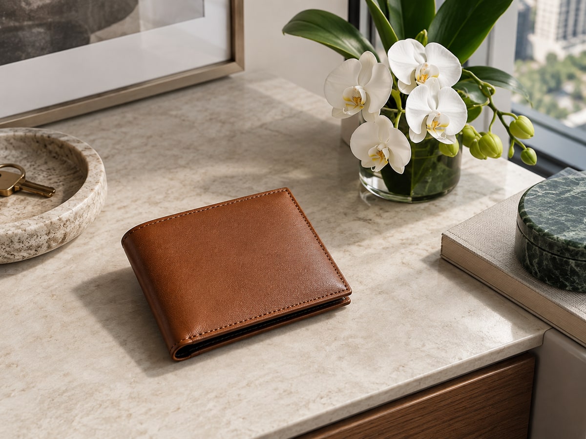Leather wallet with a white orchid posy as a Singapore gift