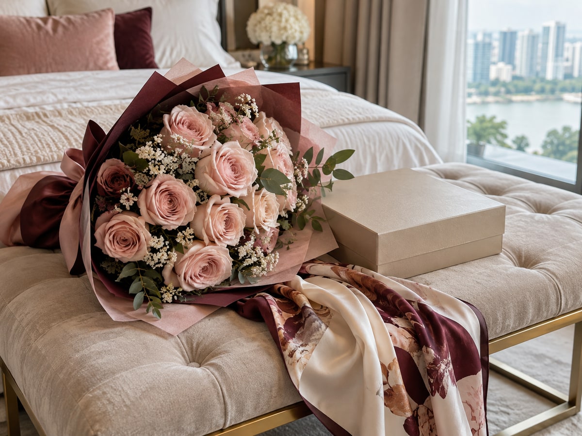 Blush roses scarf and keepsake gift for a wife in Singapore