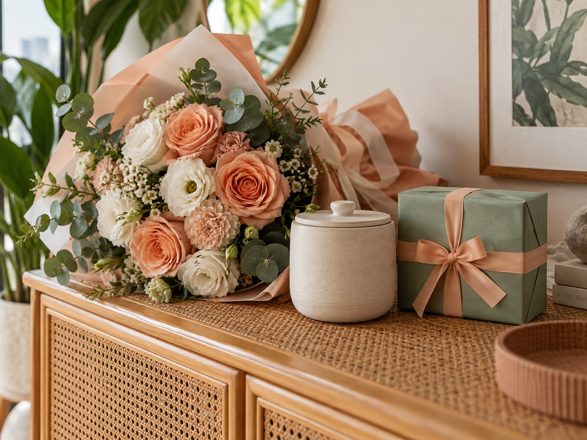 Fresh flowers paired with thoughtful gifts in a Singapore home