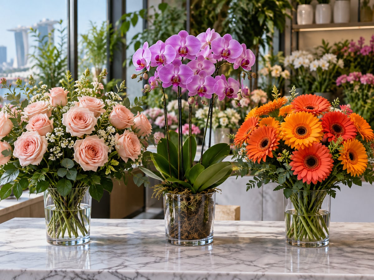 Roses orchids and gerberas compared at a Singapore florist