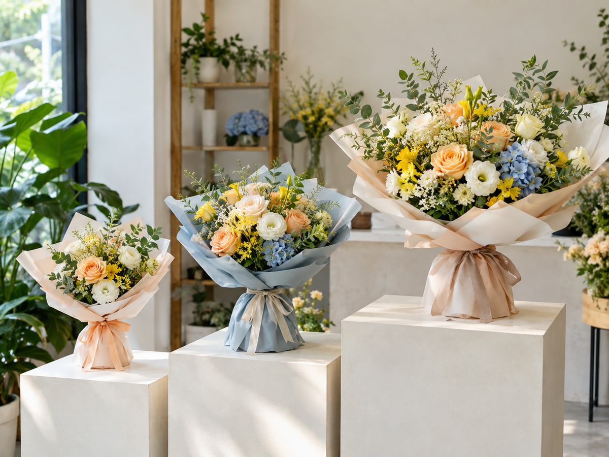 Small medium and generous flower bouquets compared in Singapore