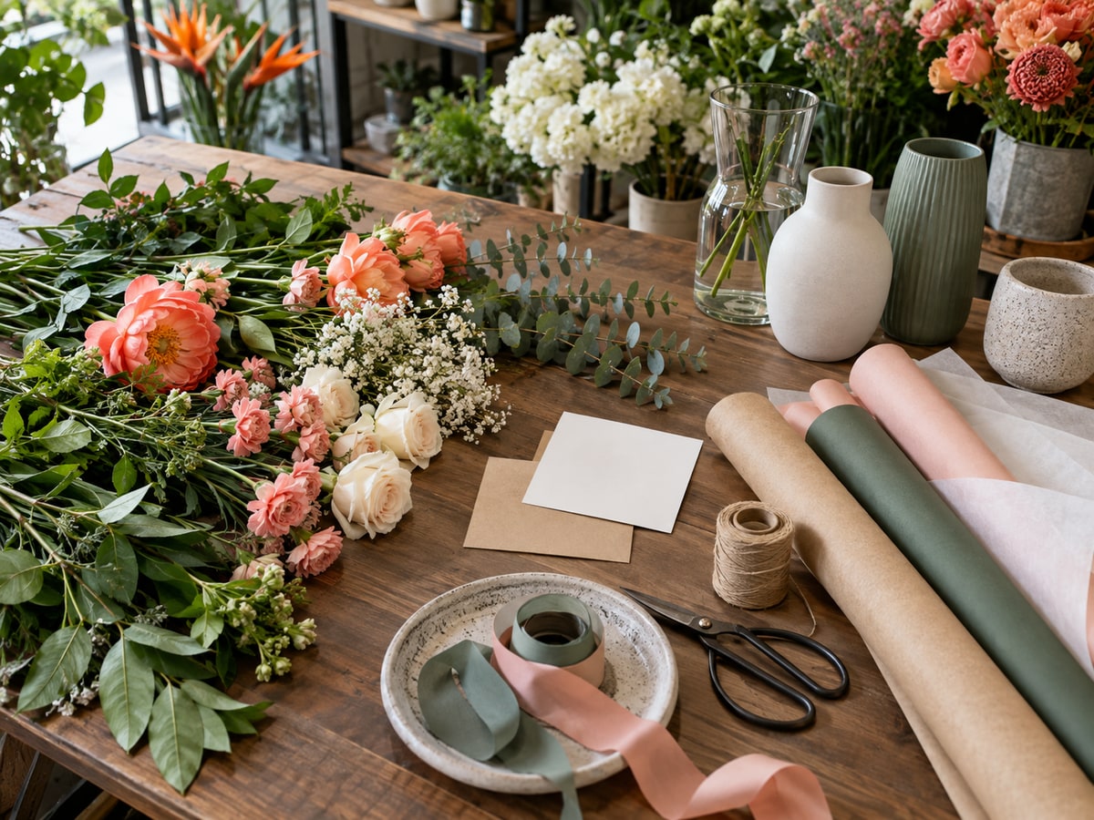 Flower guide materials on a Singapore florist consultation table