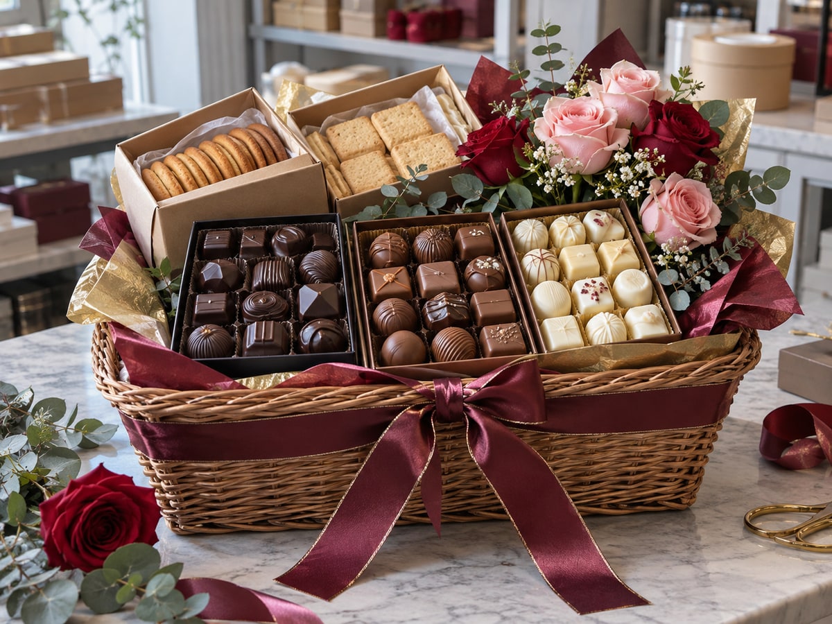 Chocolate and rose gift hamper prepared in Singapore