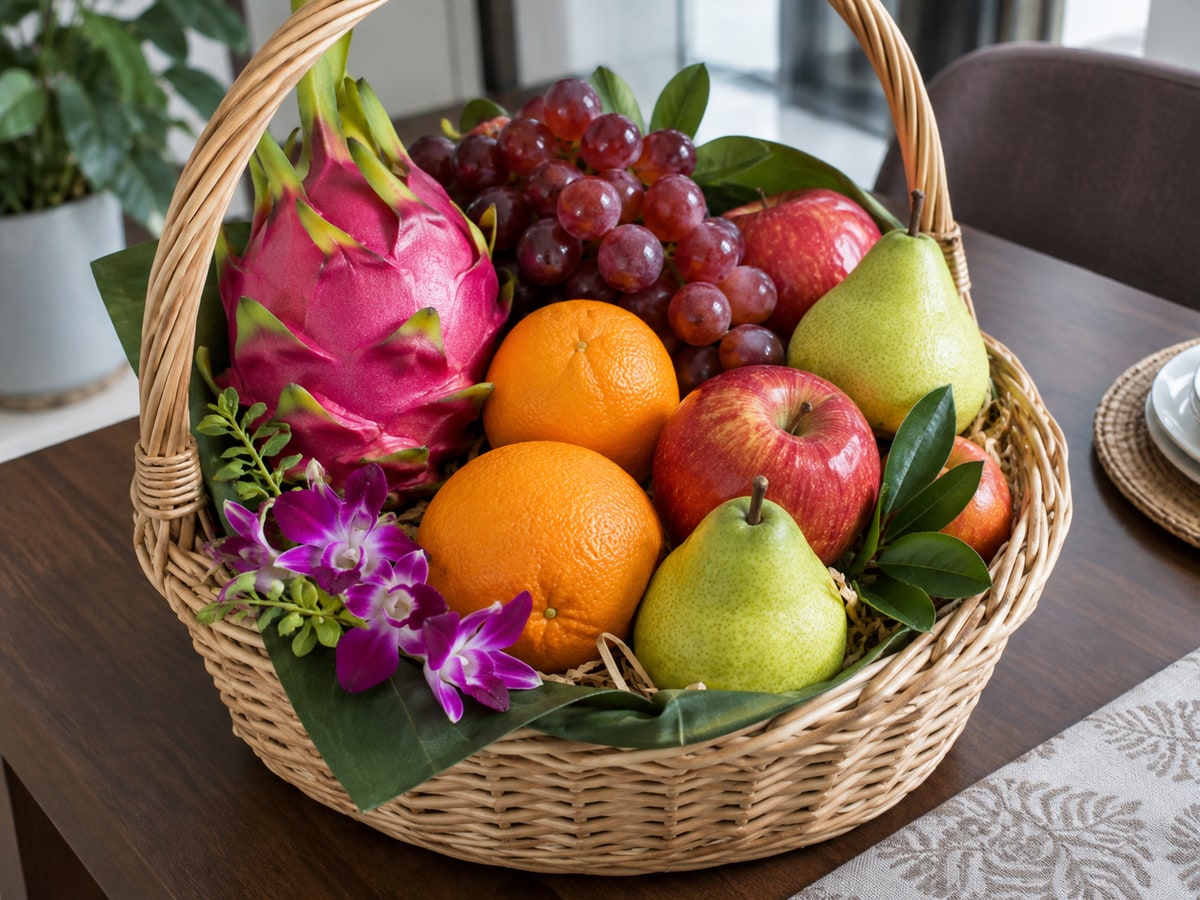 Fresh tropical fruit hamper with orchids in Singapore