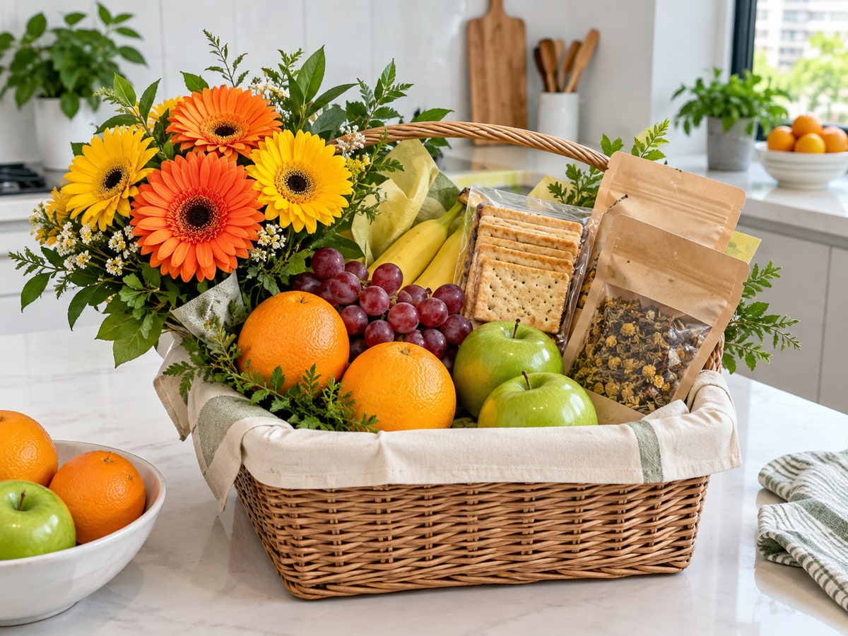 Fruit tea and flower get well hamper in a Singapore home