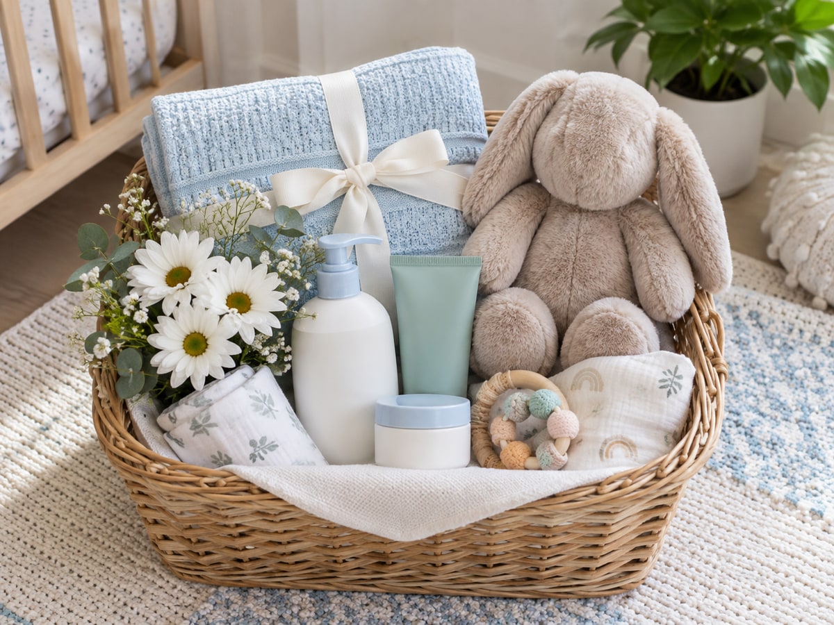 Newborn hamper with baby essentials and flowers in Singapore