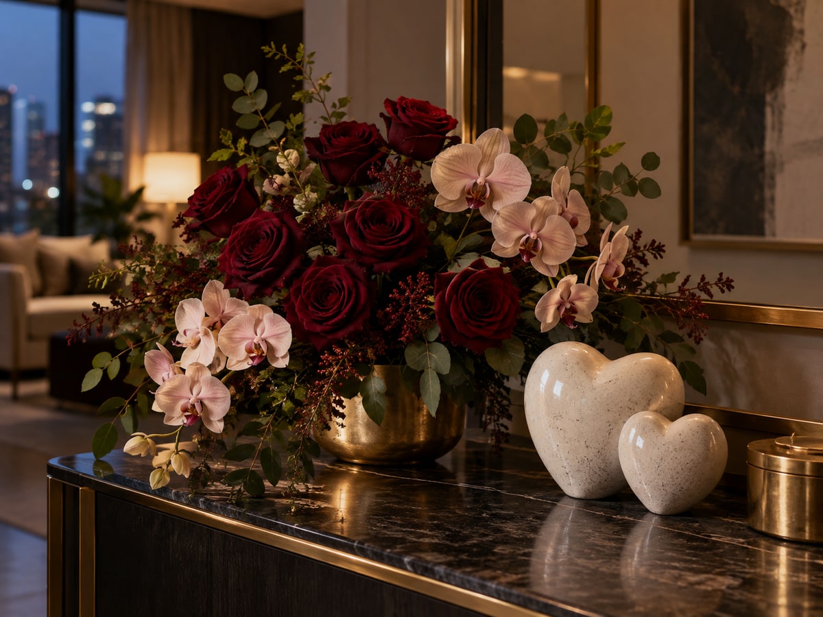 Burgundy roses and blush orchids for an anniversary in Singapore