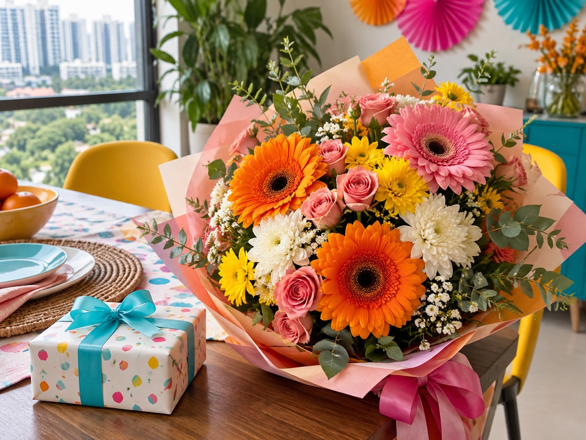 Colourful birthday flower bouquet with a gift in a Singapore home