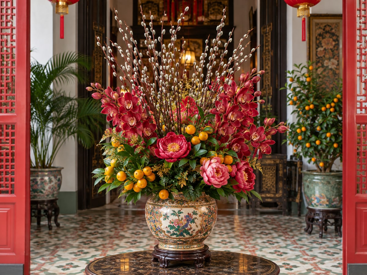 Chinese New Year flowers in a festive Singapore shophouse foyer