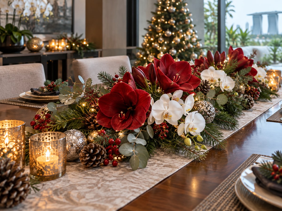 Tropical Christmas flower centrepiece on a Singapore dining table