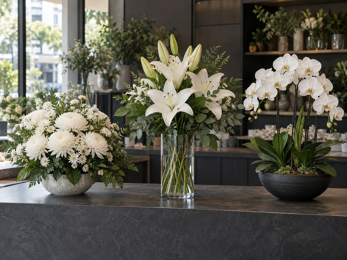 Three white condolence flower choices at a Singapore florist