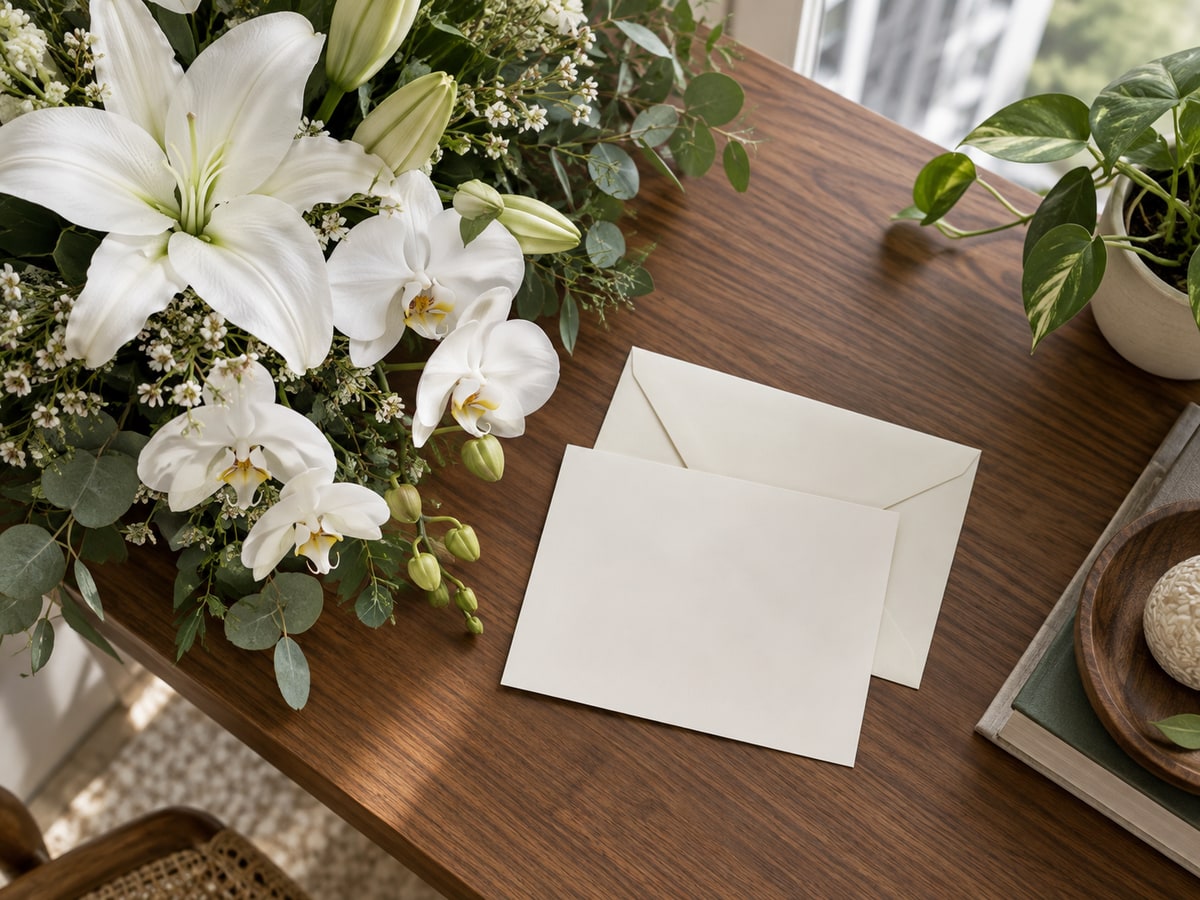 Condolence flowers beside a blank message card in Singapore