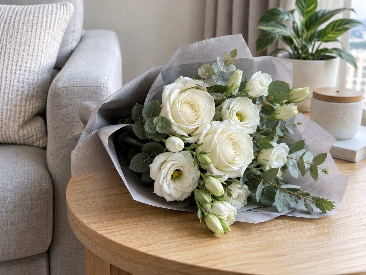 Small white sympathy bouquet in a calm Singapore apartment