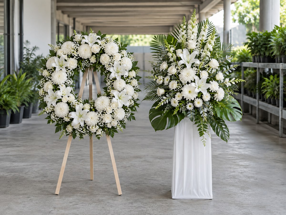 White condolence wreath and flower stand compared in Singapore