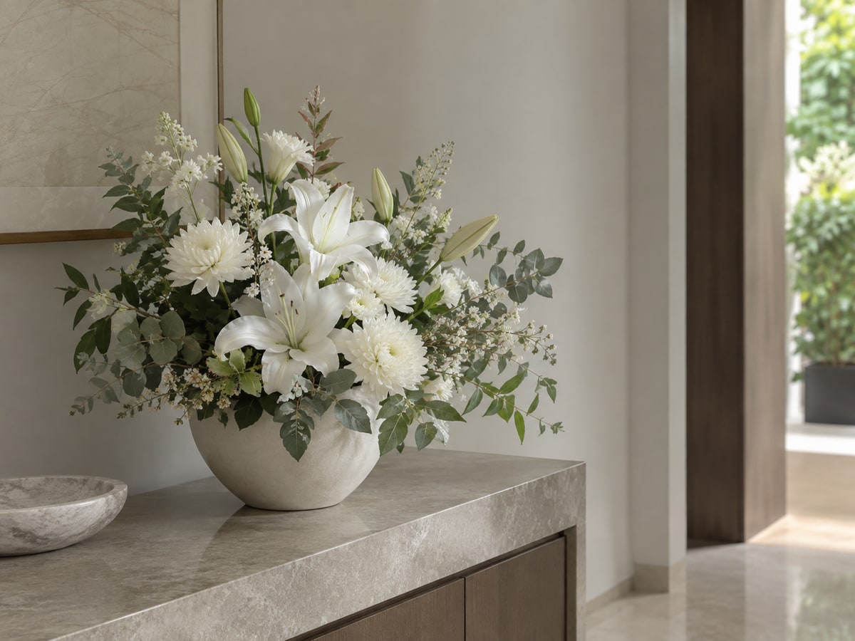 White condolence flowers in a serene Singapore home entryway