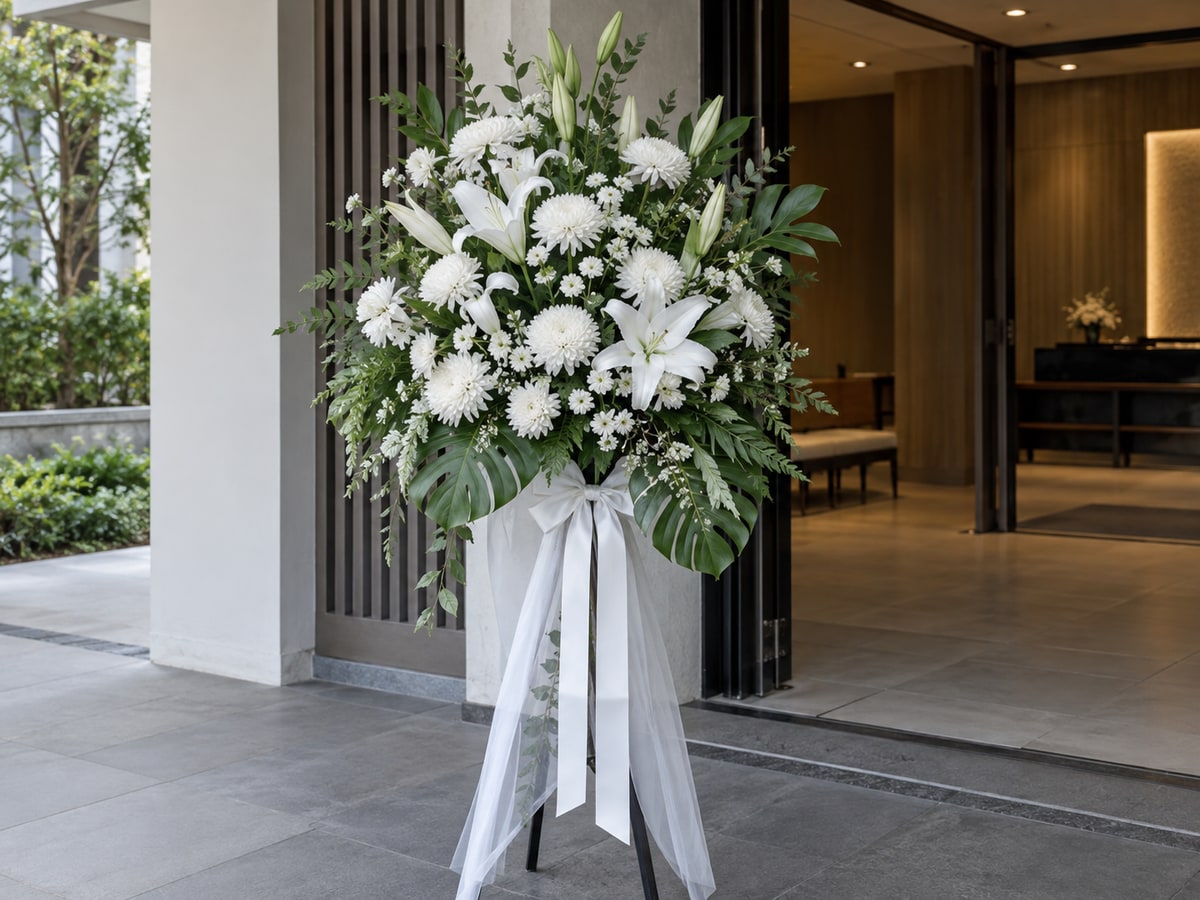 White funeral flower stand at a quiet Singapore venue