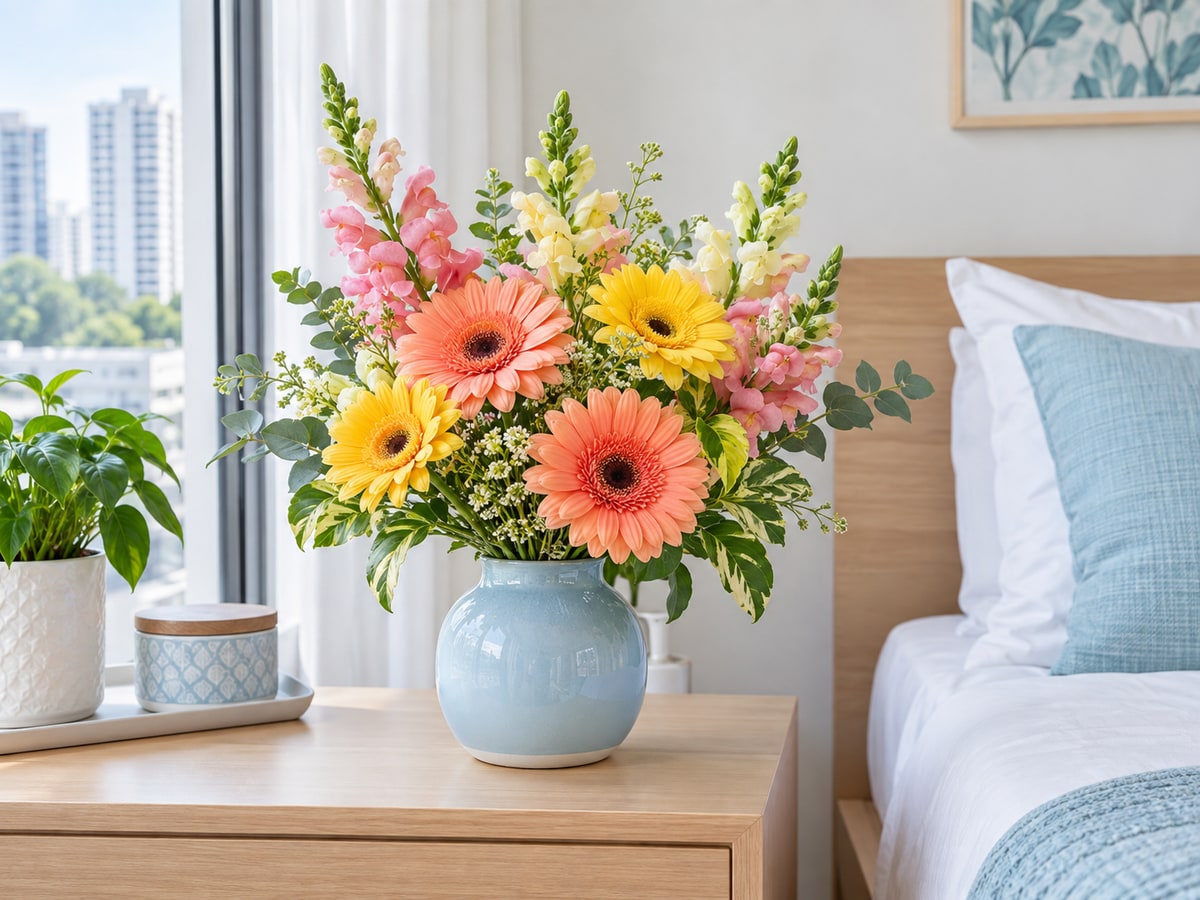 Cheerful low-scent get well flowers in a Singapore recovery room