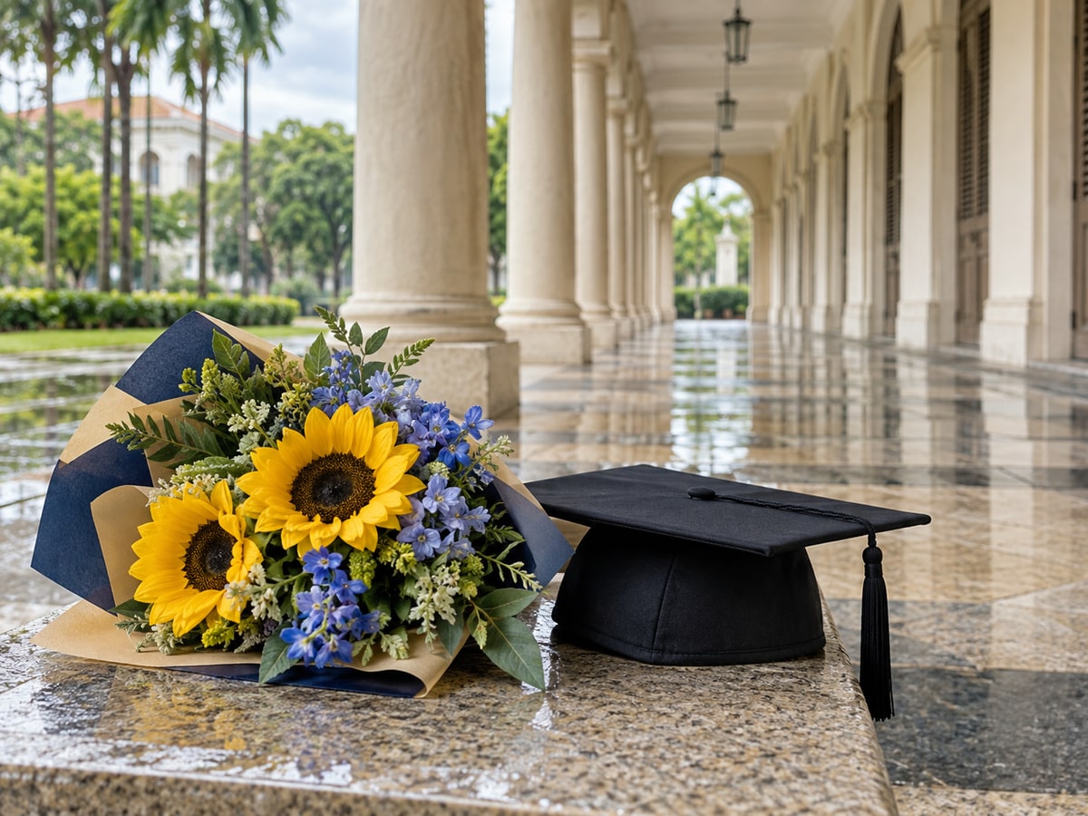 Graduation bouquet with a plain mortarboard at a Singapore campus