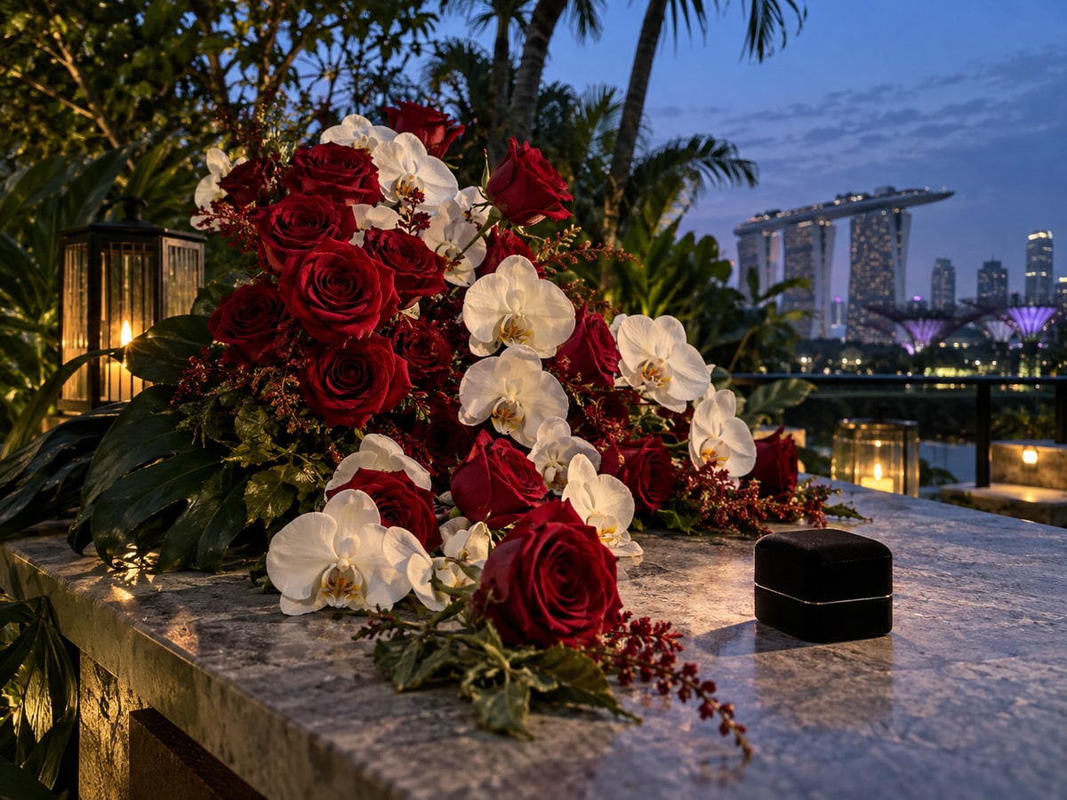 Proposal flowers with a ring box on a private Singapore garden terrace