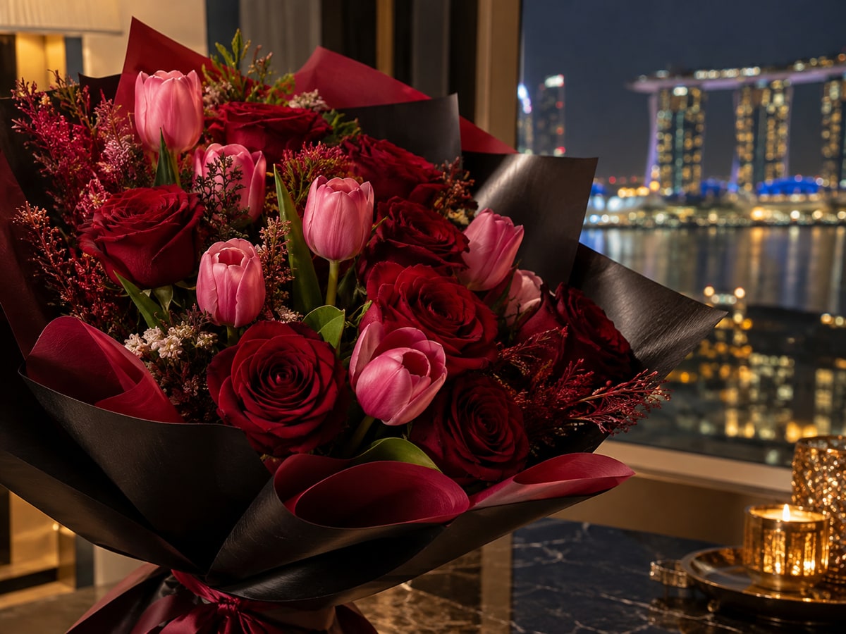 Crimson roses and pink tulips for Valentine's Day in Singapore