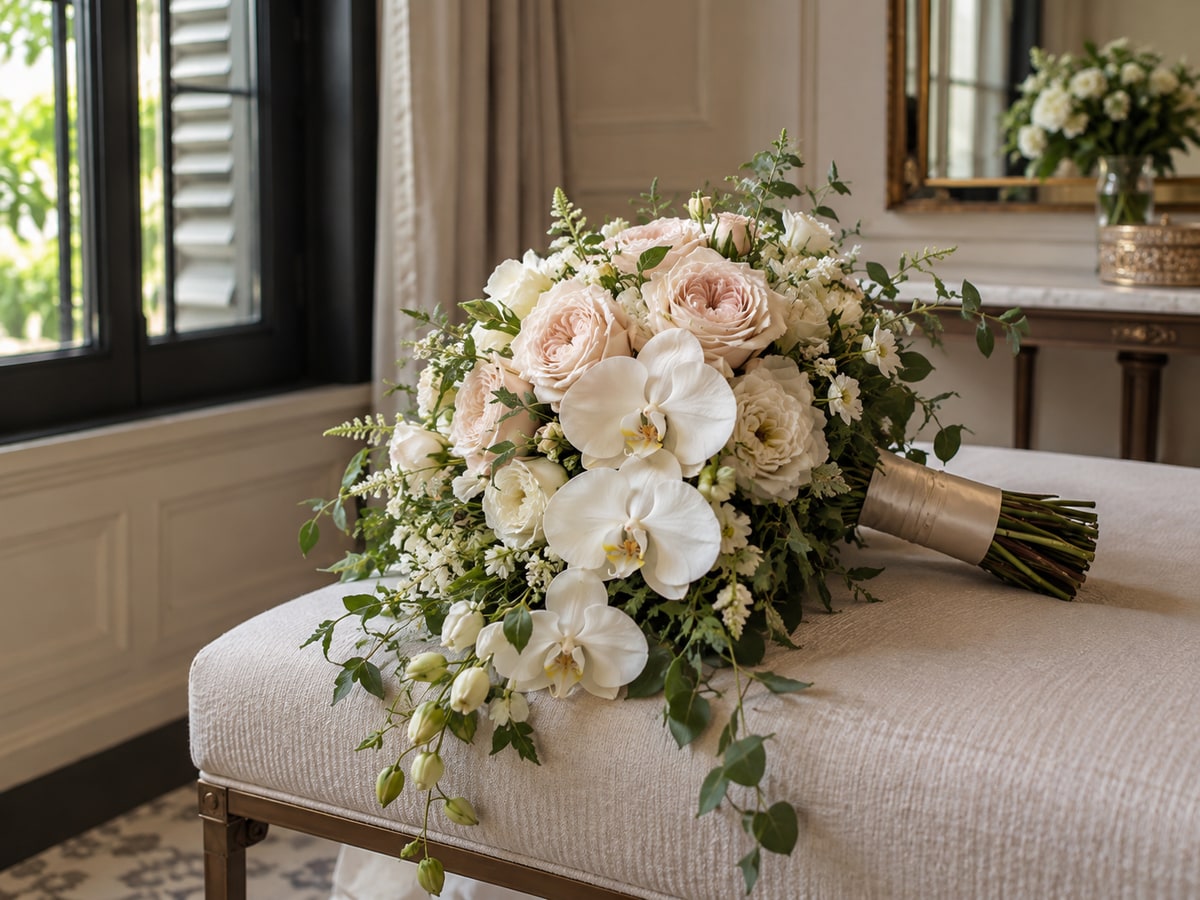 White orchid and rose bridal bouquet in a Singapore heritage hotel