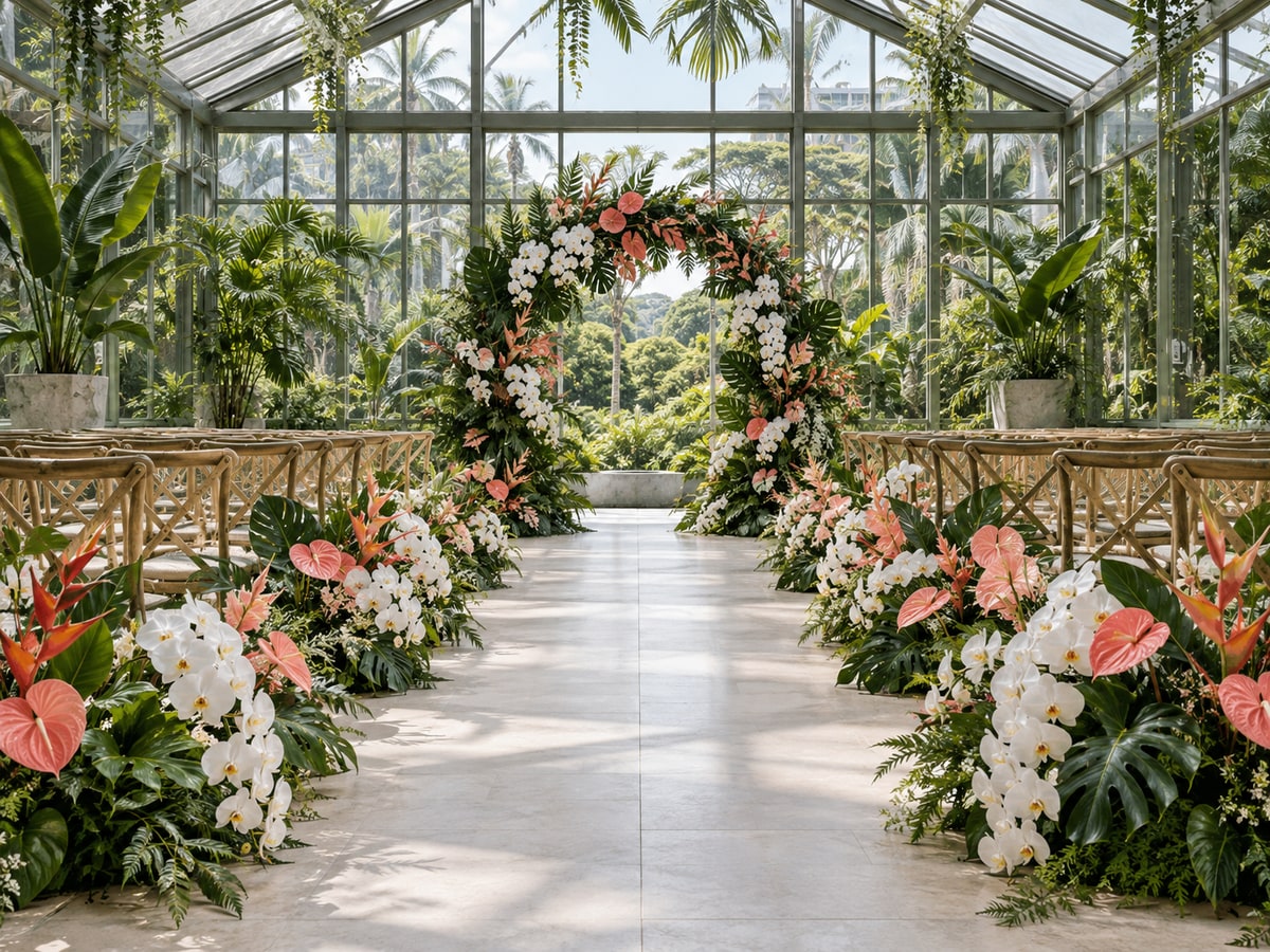 Tropical wedding venue flowers in a Singapore glasshouse