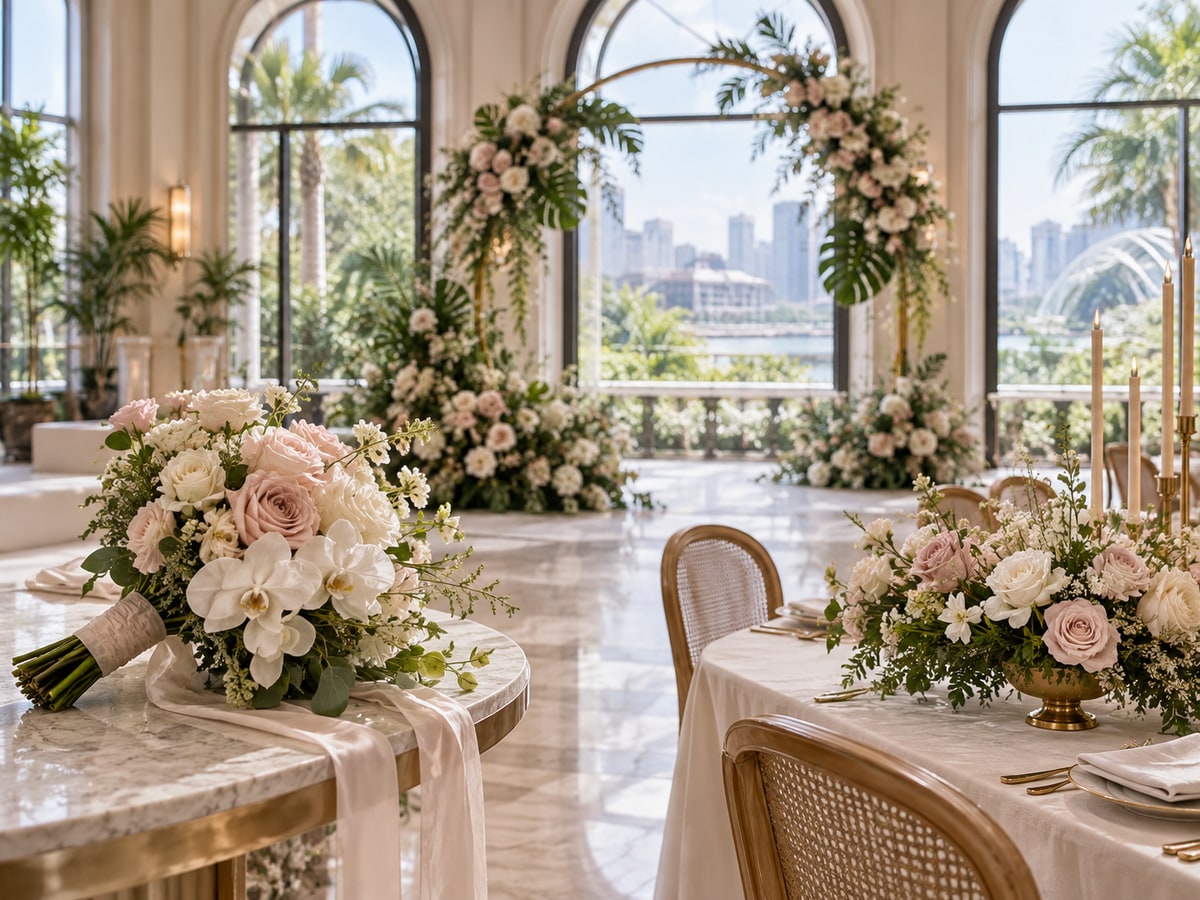 Coordinated wedding flowers in an elegant Singapore venue