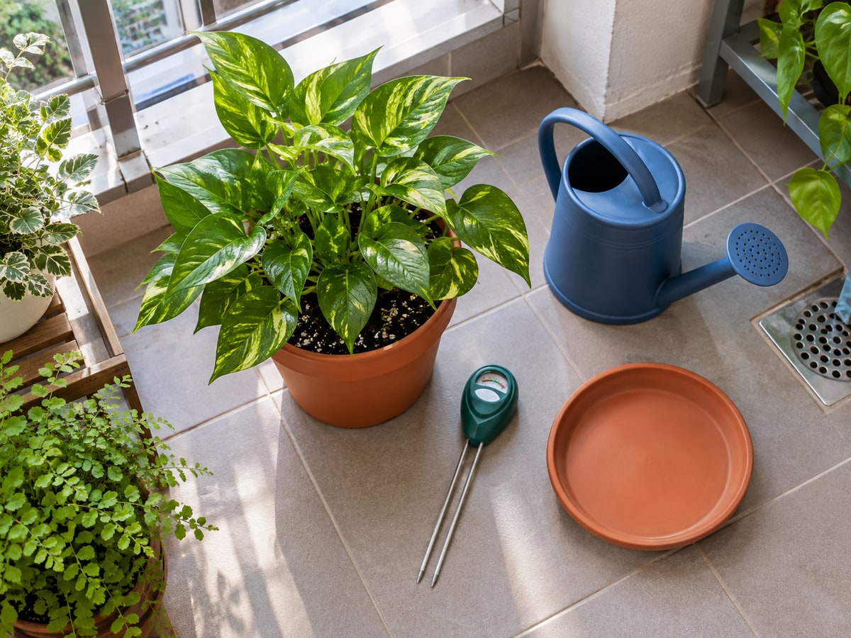 Indoor plant care tools on a Singapore service balcony