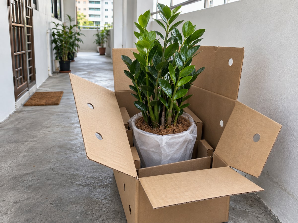 Securely packed potted plant for delivery in Singapore