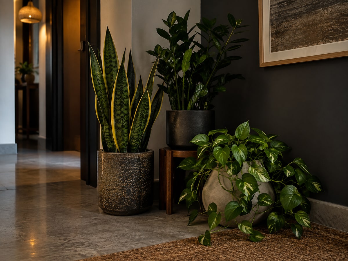 Snake ZZ and pothos plants in a low-light Singapore home