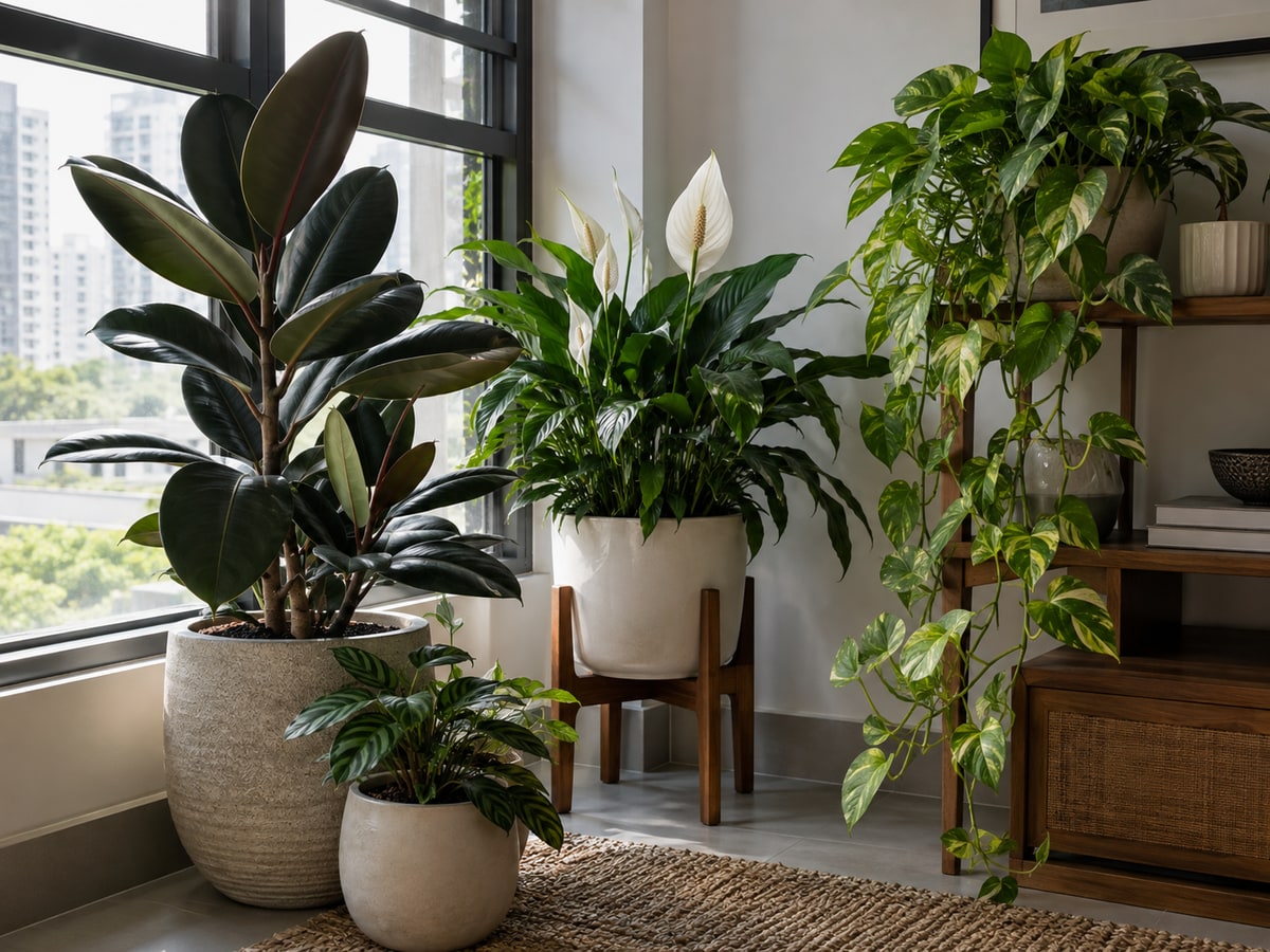 Healthy indoor plants beside a shaded Singapore HDB window