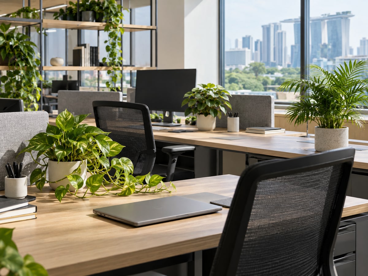 Desk plants across a modern Singapore office