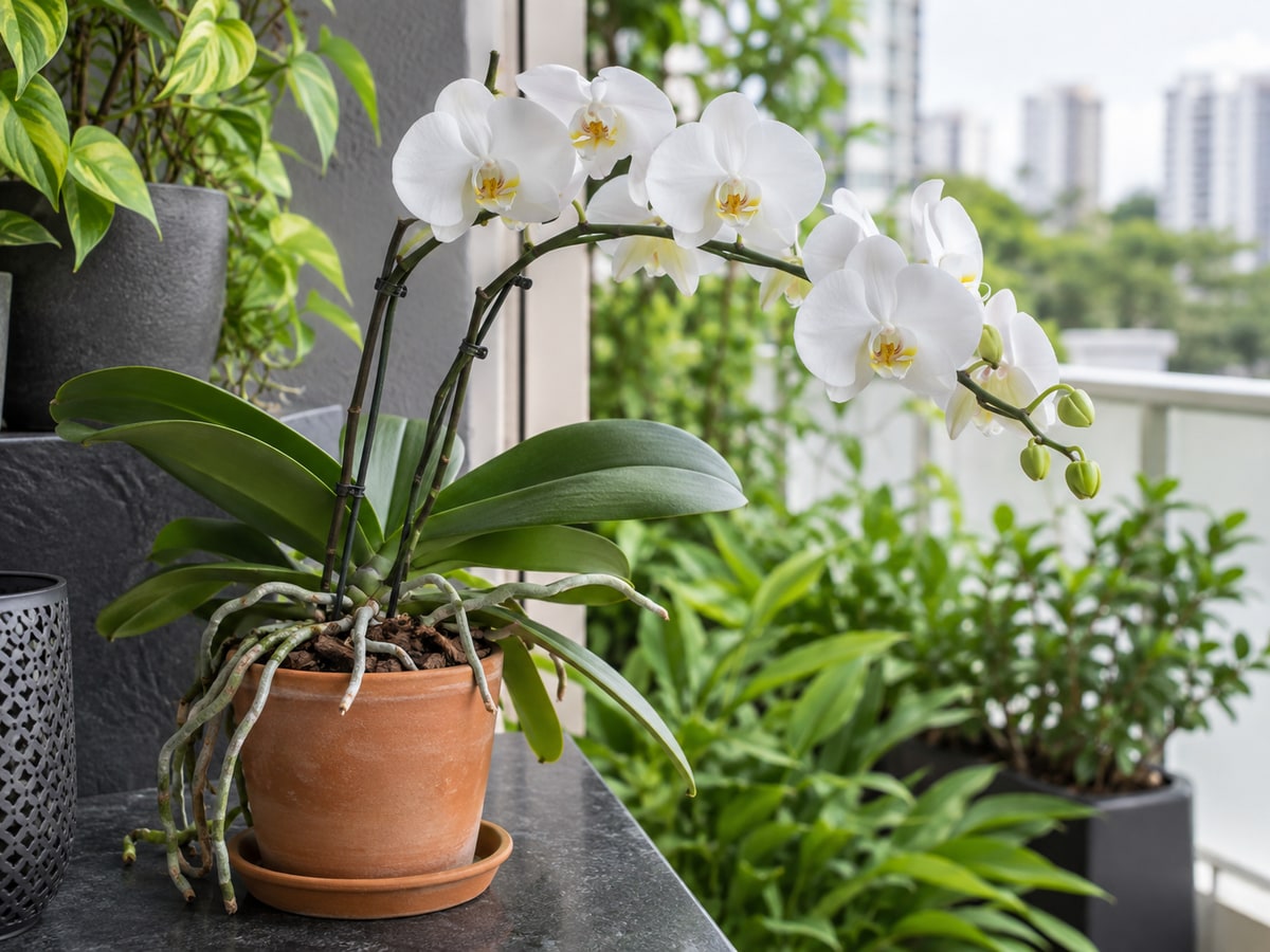 Potted white orchid with aerial roots on a Singapore balcony