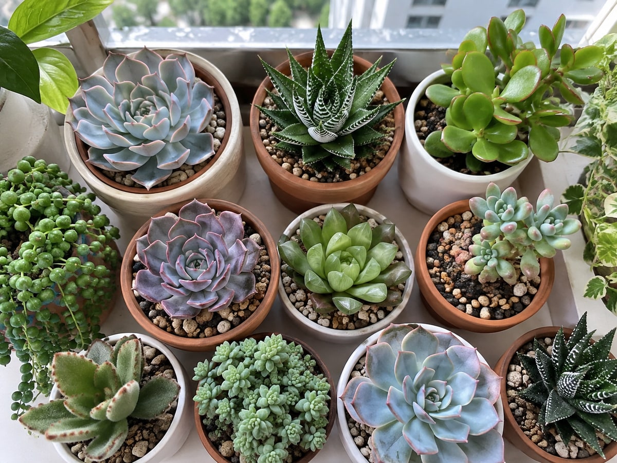 Echeveria haworthia and jade succulents in a Singapore home