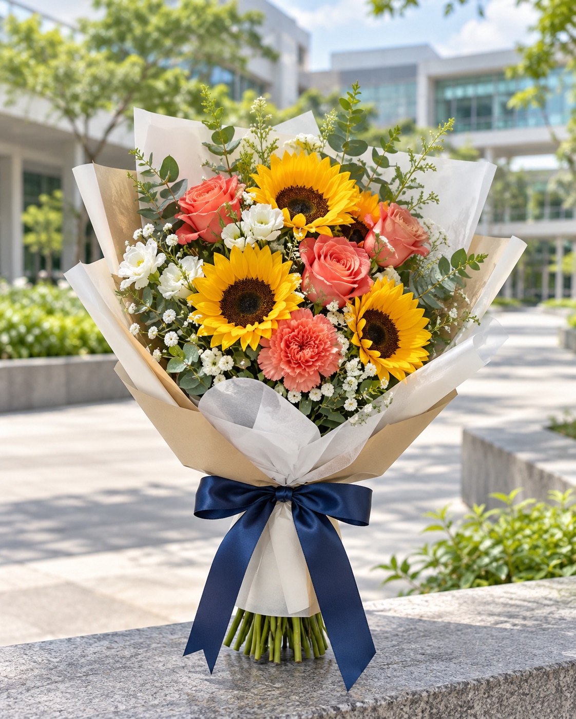 Bright graduation bouquet with ribbon
