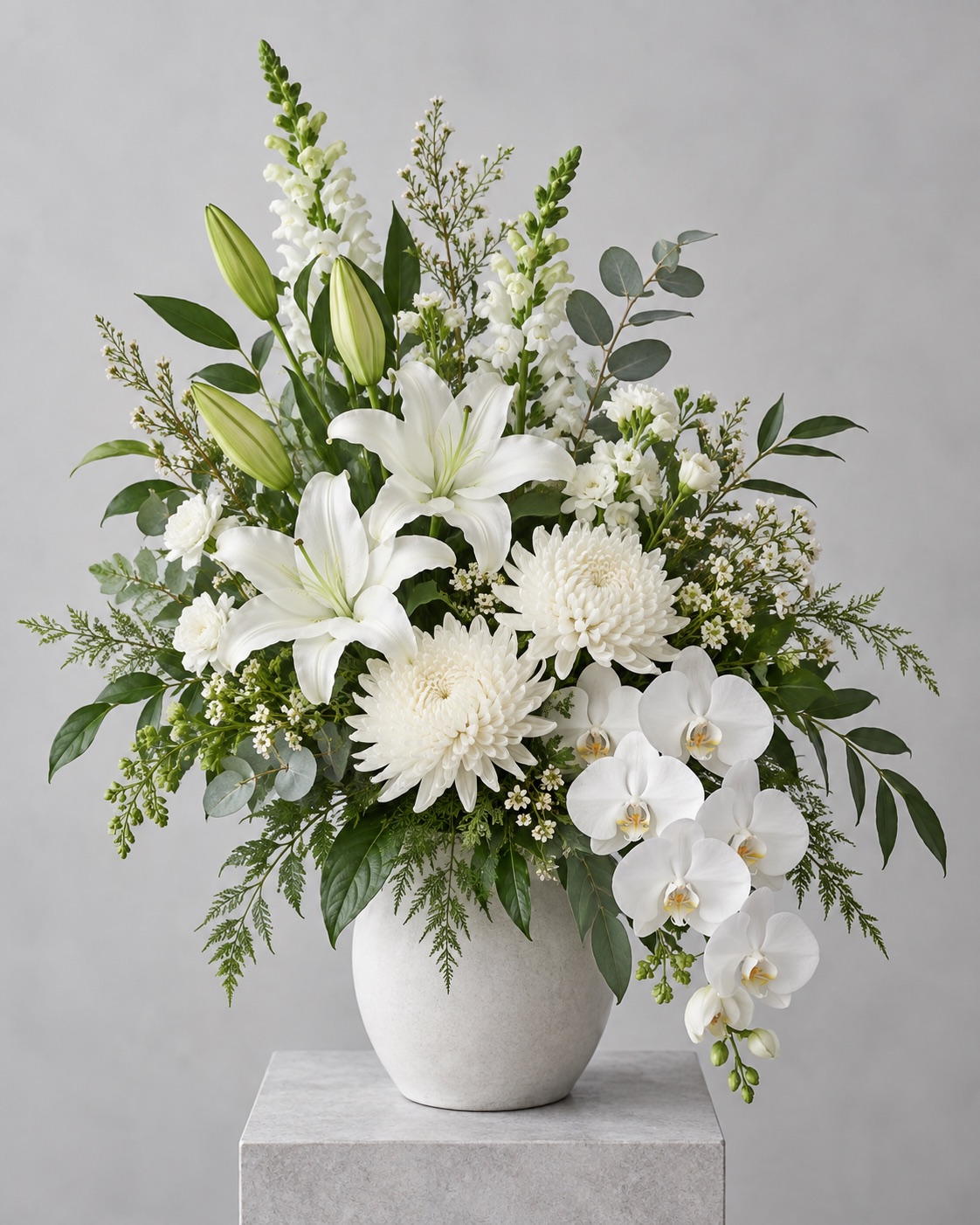 Restrained white and green sympathy flower arrangement
